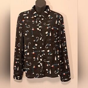 Lasorella Woman Cat & Dog Patterned Button Down Shirt Misses Size Medium